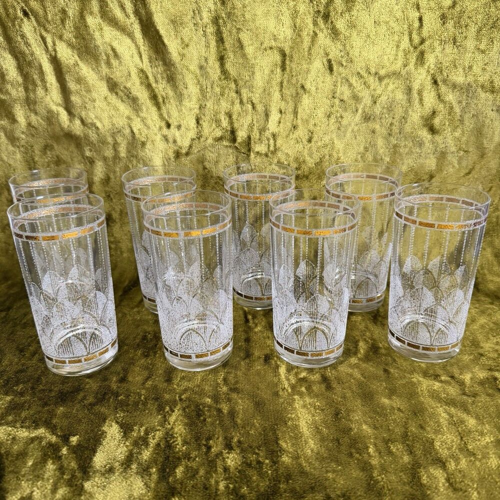 Mid Century Art Deco Clear With Gold Confetti Etching Tumbler Glasses 8 Count - Picture 2 of 8